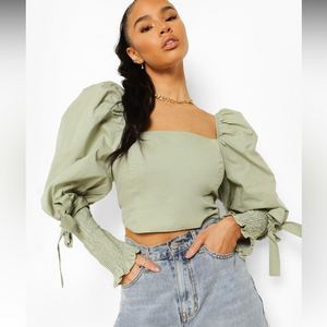 COTTON SQUARE NECK TIE CUFF CROP TOP size 12 NWT‎